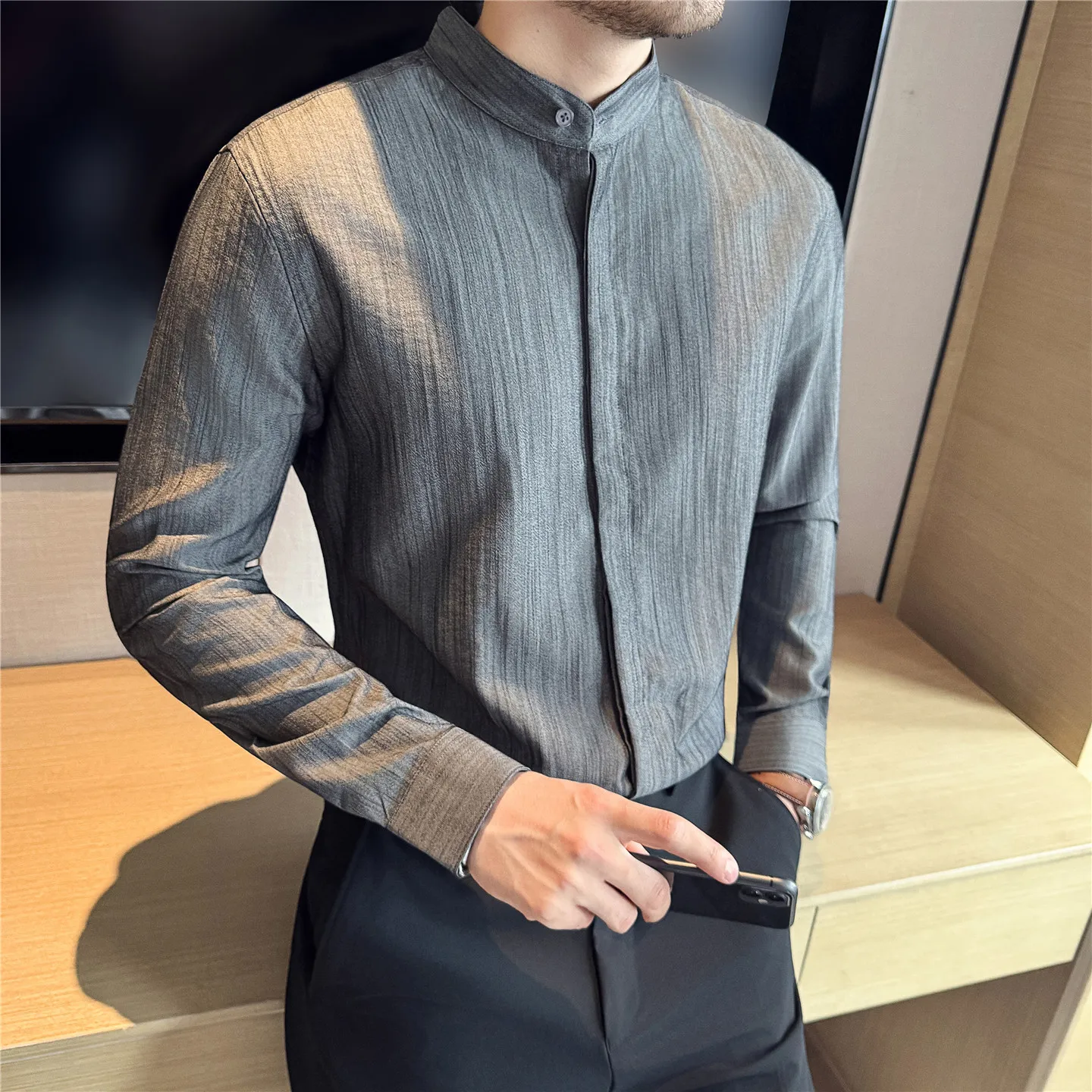 

Chinese Style Stand Collar Shirt Man Clothes 2025 Fashion Wrinkle-Free Long Sleeve Men Striped Shirts Slim Fit Business Formal