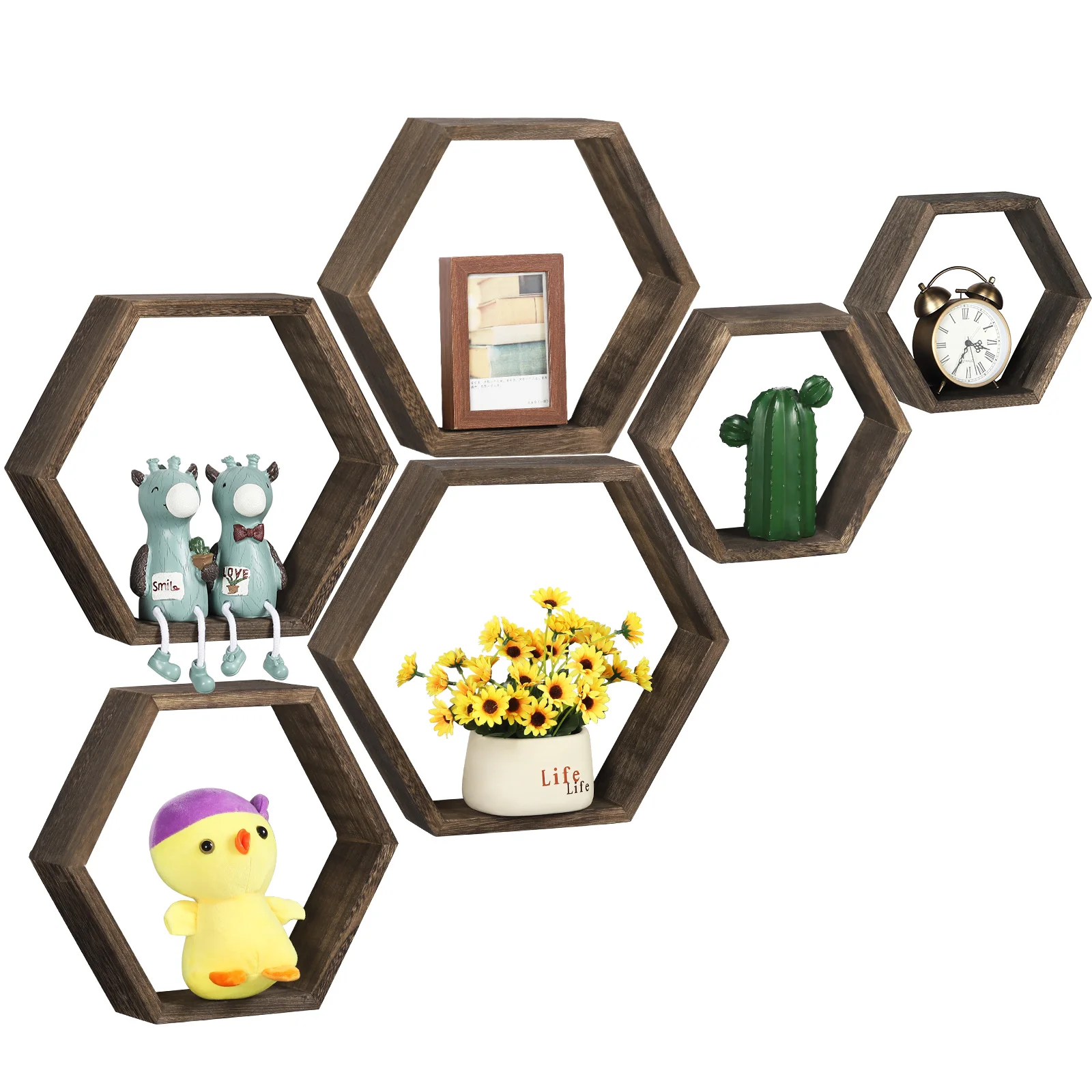 

Set of 6 Vintage Wood Hexagon Floating Shelf Honeycomb Wall Storage Shelf Decor