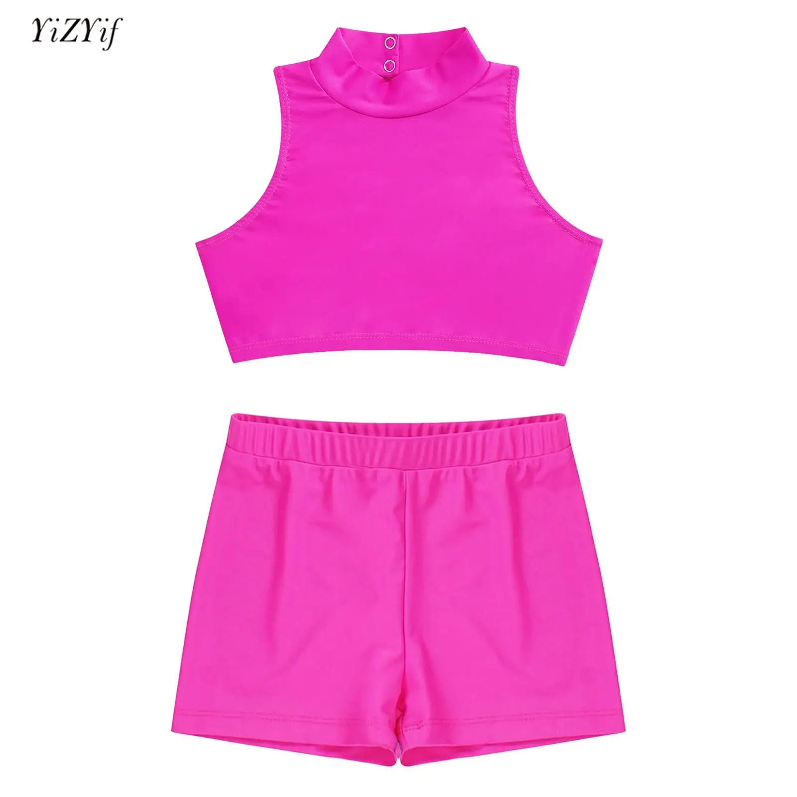 2Pcs Kids Girls Swimwear Sleeveless Mock Neck Tank Crop Top Vest+Shorts Pants for Beach Pool Swimming Bathing Suit Sportswear