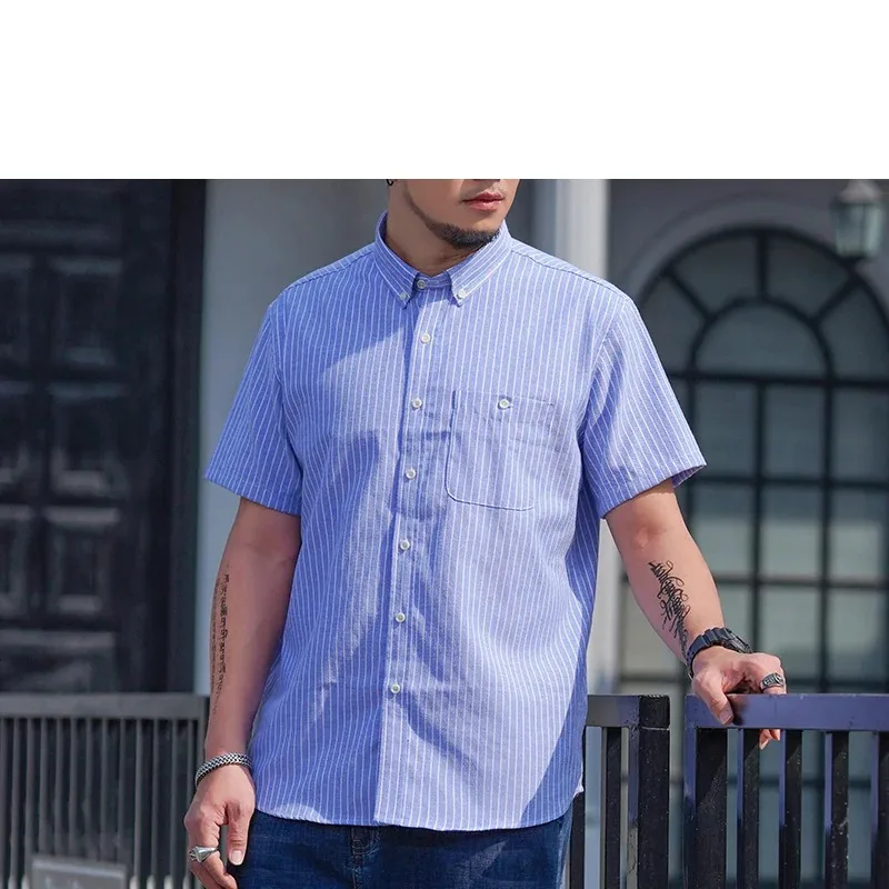 Men's Short Sleeve Summer Solid Pockets Turn-down Collar England Style Button Striped Cardigan Casual Office Lady Shirt Tops