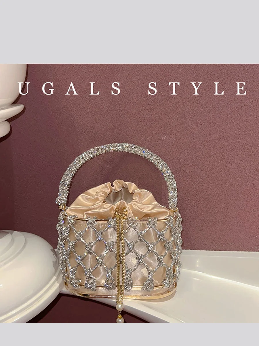UGALS Metal Shiny Handcrafted Woven Basket Bucket Handheld Crossbody Bag Hollow out Chain Handle Fashionable European Style