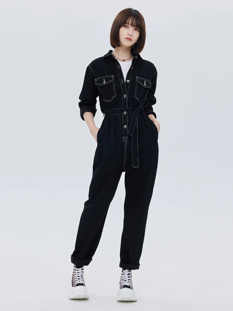 

Bla Denim Overalls Women's Spring New Sle High Waist Tie Waist Long Sve Collar Workwear Stripe Color Blo Pants