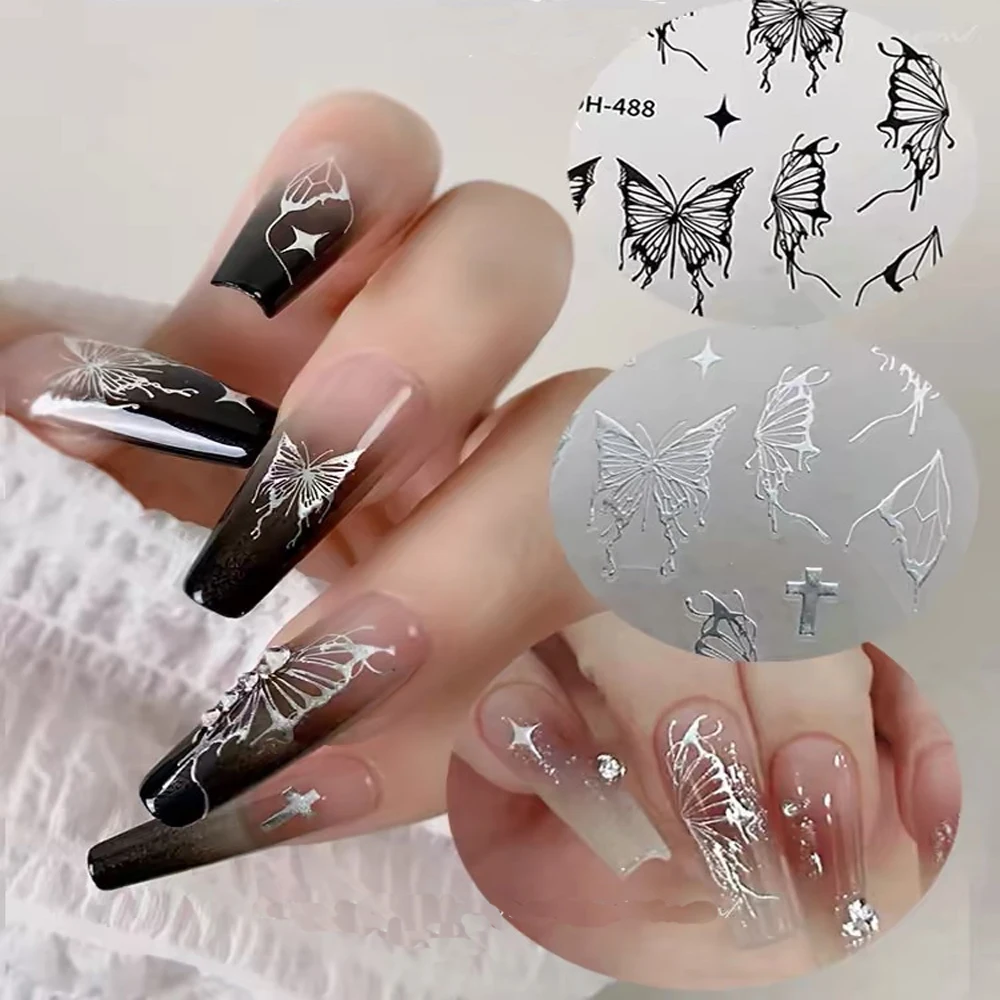 12 Stks/set 3d Klassieke Zwarte Vlinder Nagelstickers Zelfklevende Laser Nail Art Stickers Voor Nail Art Decoratie Voor Dames Feest