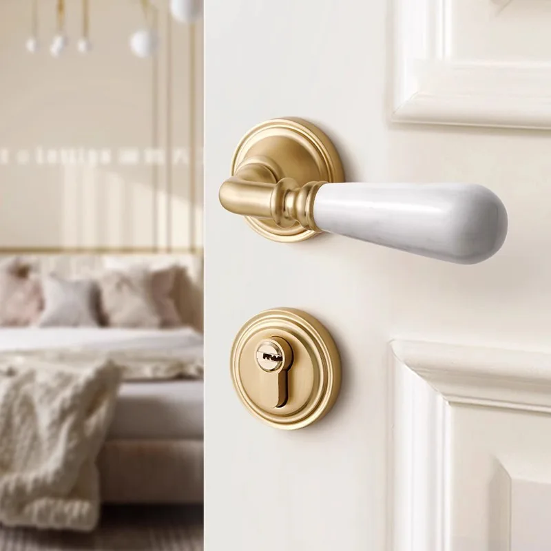 White French Bedroom Door Lock Retro Style Indoor Household Door Handle Italian Green Marble Magnetic Suction Silent Split Lock
