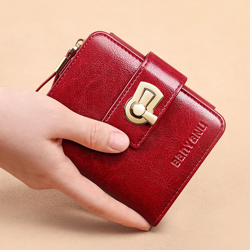 

Genuine Leather Women Short Wallet Tri Fold RFID Blocking ID Card Holder Zipper Coin Purse Large Capacity Small Female Purses