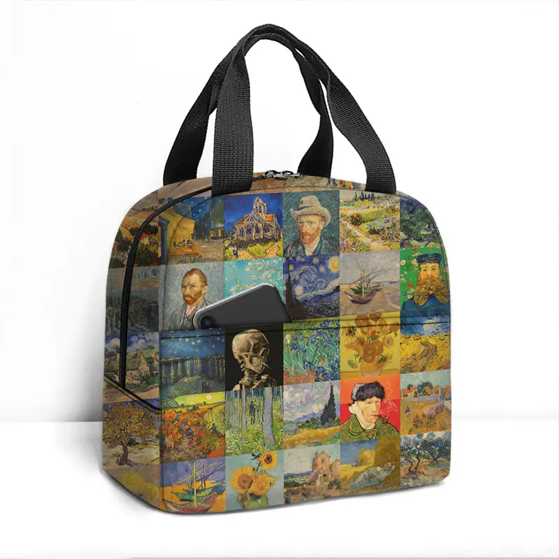 Oil Painting By Van Gogh Insulated Lunch Bag Sunflower Starry Night Skeleton Handbag Cooler Food Storage Bags Thermal Lunch Box