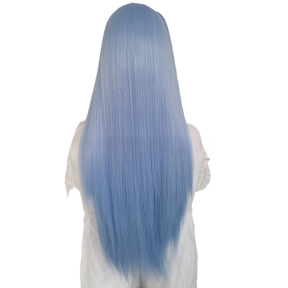 

Hat European and American wig New mixed silk, hand-woven front lace wig, light blue long straight