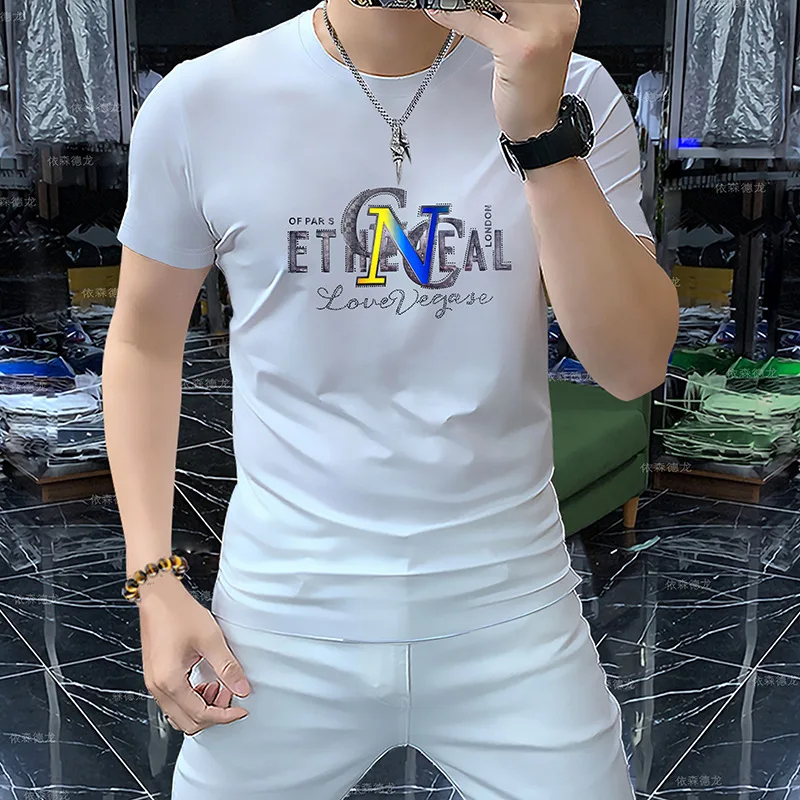 

Men's Letter Print Cotton T-Shirt Summer Slim Fit Short Sleeve Tee Ice Cool Comfort Breathable Casual Streetwear Male Basic Top