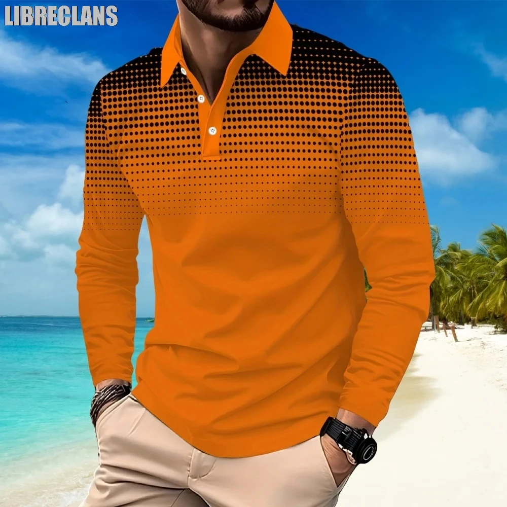 Men's Color Gradient Dot Print Polo Shirts Casual Long Sleeve