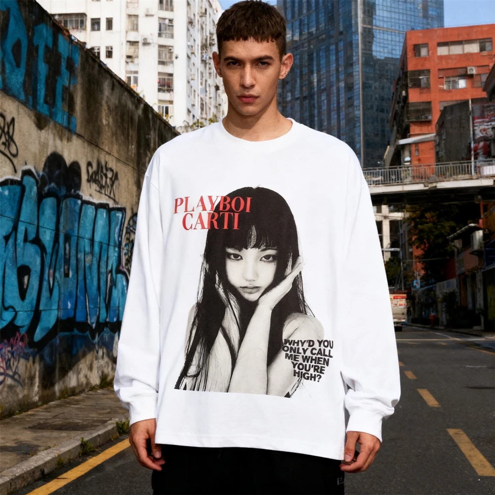 KUCLUT Chiaki Kuriyama Japanese Style Best Quality BIG FACE Printed Tee Oversize Loose 100%Cotton Long Sleeves T Shirt Men Woman