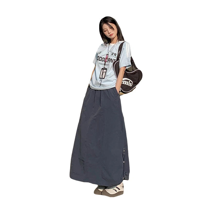 

CLP Sweet and Spicy Casual Lazy Elastic Waist Over Knee Umbrella Skirt Drawstring Loose A-shaped Skirt Women