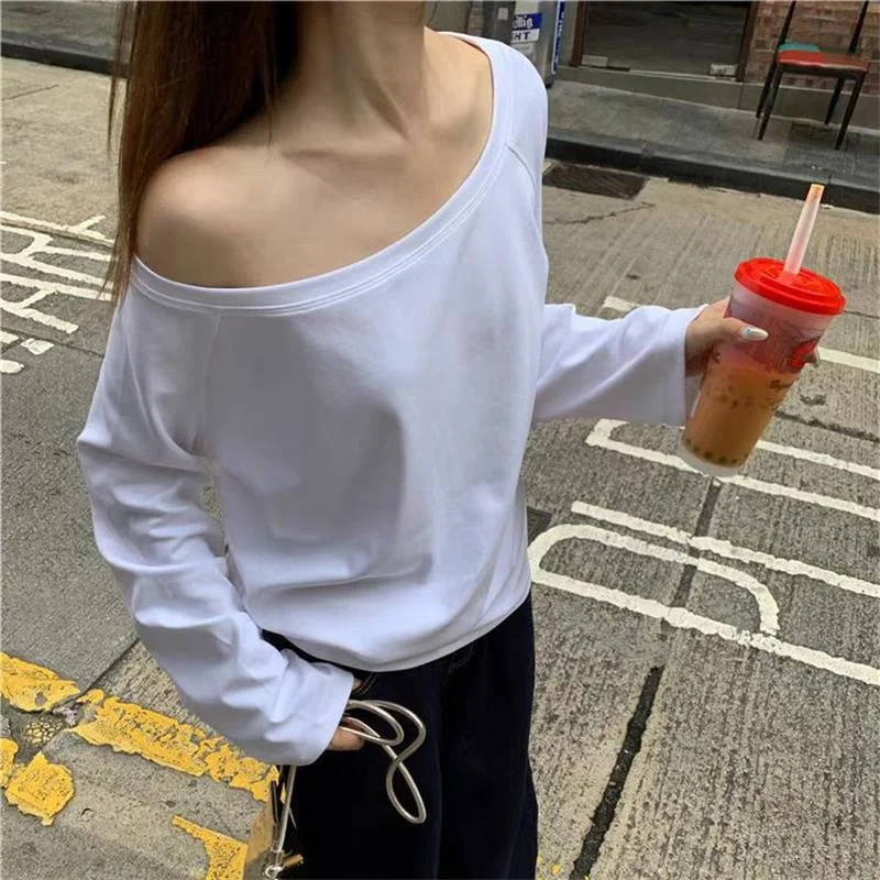 Women Basic style Skew Collar Baggy Off Shoulder Long Sleeve T-shirts White Female Soft Casual Tee shirts Women\'s Black Top