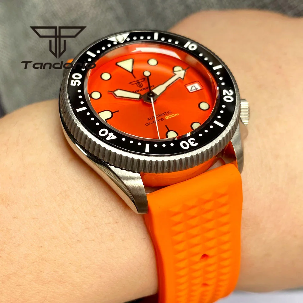 Tandorio NH35A Orange Dial Auto Date 37mm 200M Luminous Automatic Dive Watch for Men Lady Sapphire Glass Ceramic Rotating Bezel