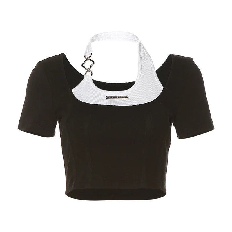 달콤하고 매콤한 스타일 반팔 티셔츠 여성 여름 상큼한 숏 기장 배꼽 노출 탑 라운드 넥 출퇴근 한국 버전