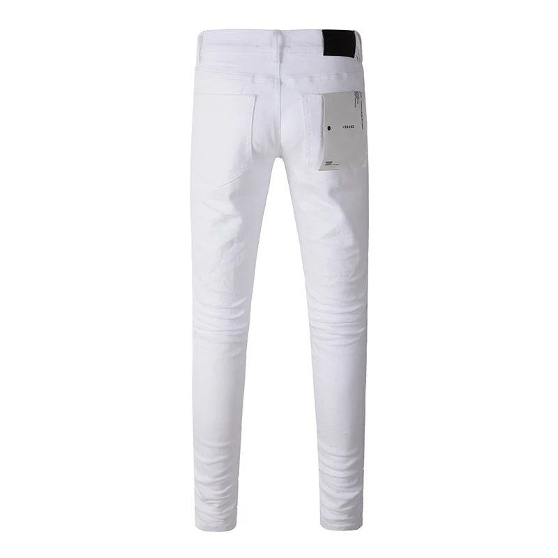 American Fashion High Street Style Skinny White Distressed Button Fly Blank Slim Fit Ripped Jeans