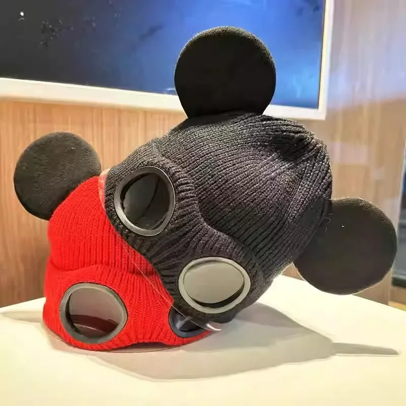 Autumn and Winter Mouse Ears Knitted Wool Cap Pilots Sunglasses Beanies Versatile Cold Warm Beanies Hat