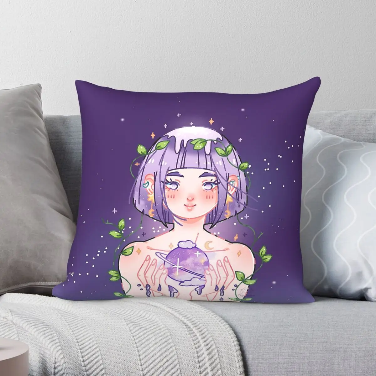 Girl In Space Planetary Square Pillowcase Polyester Linen Velvet Creative Zip Decor Home Cushion Cover