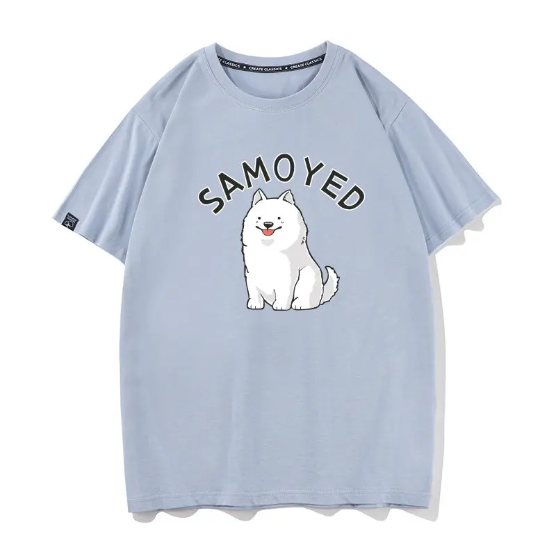 Show Off Samoyed Cartoon Dog Samoyed Summer New Short Sleeved T-shirt for Couples Loose Fitting Round Neck Men and Women