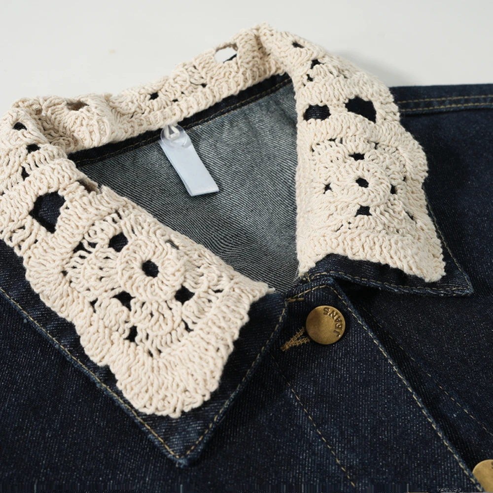 

Vintage Lace Patchwork Denim Jackets Women Autumn French Elegant Temperament Jean Outerwear Tops Loose All-Match Deep Blue Coats