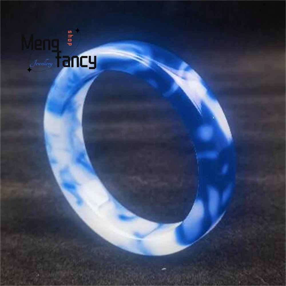 

Natural Hetian Jade Blue Floating Flower Quadrate Bangle High-grade Exquisite Fashion Luxury Jewelry Best Selling Holiday Gifts