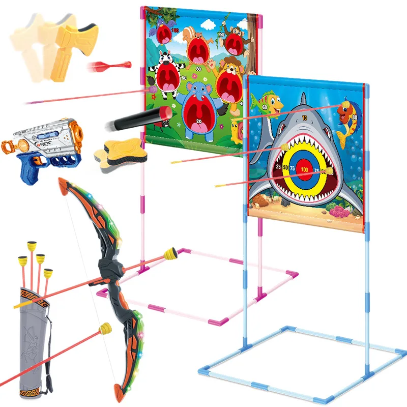 Conjunto de jogo de tiro 3 em 1: pistola de dardo macio e dardos de tiro com arco com placa de alvo brinquedos internos e externos para crianças meninos meninas