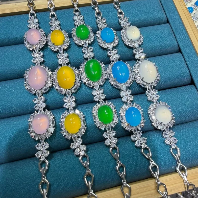 Natural Chalcedony Pendant Bracelet, Jade Agate Silver-Plated Inlaid Necklace