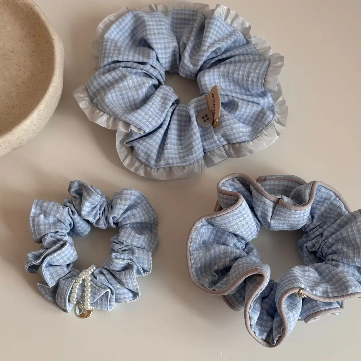 Hair Scrunchie Blue White Ruffle High Elasticity Soft Fabric for Women Daily Office Travel Party Lightweight Hair Accessory