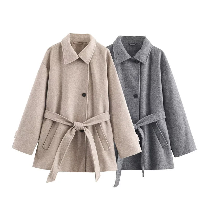 

Women's Coat 2025 Autumn New Style Solid Color Long Sleeve Basic Belted Coat Jacket Simple and Fashionable