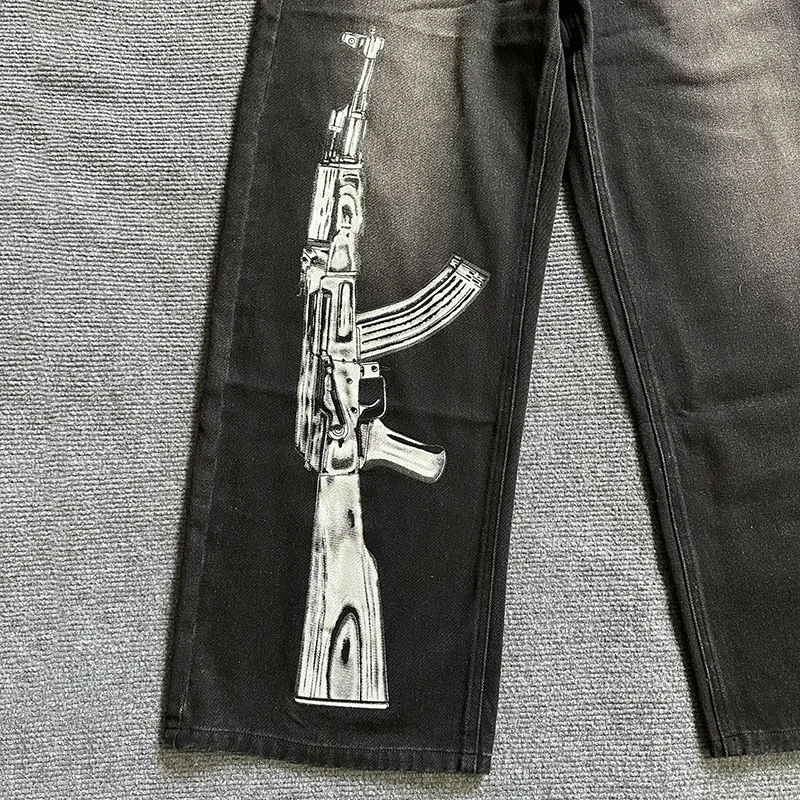 

Street trend ins style printed pattern straight jeans washed to make old retro personalized high street unisex trousers.