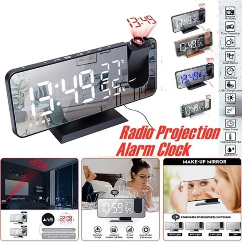 LED 180° Projection FM Radio LED Digital Smart Alarm Clock Multifunctional Temp Humidity Table Clock 12/24H Snooze Clock
