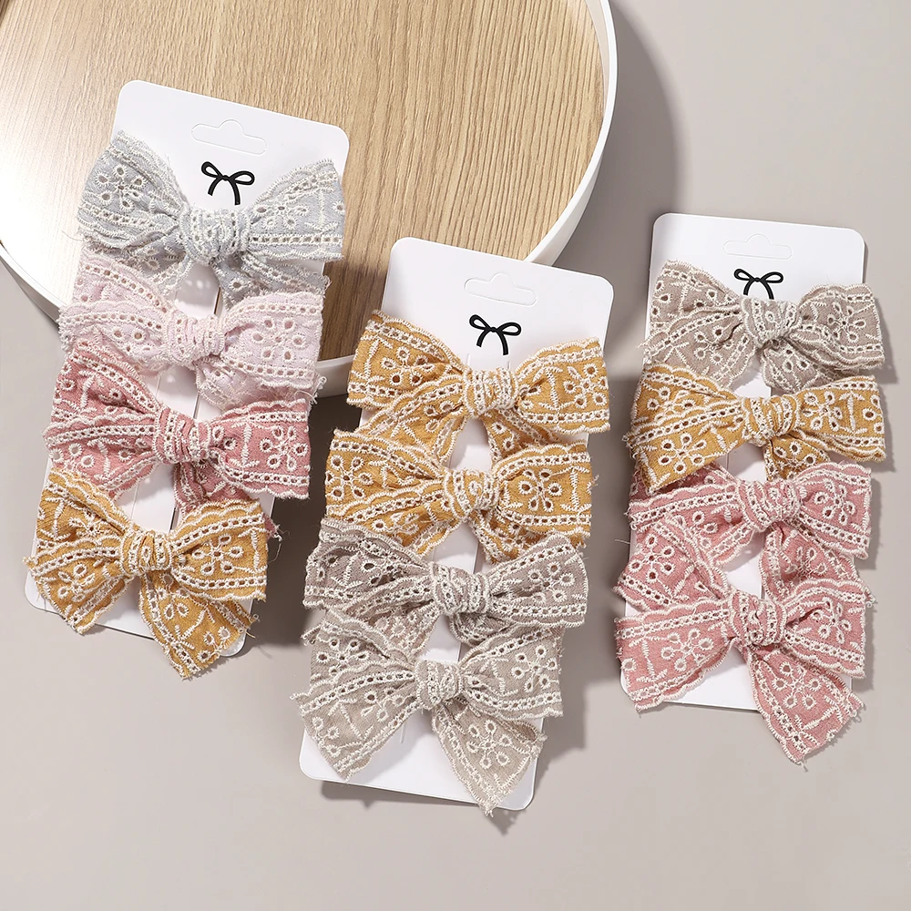 4Pcs/Set Cotton Solid Color Hollow Lace Bows Hair Clip for Kids Girls Bowknot Barrettes Hair Pins Baby Headwear Hair Accessories