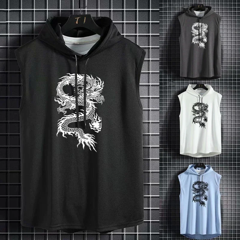 Men's Dragon Print Workout Hoodie Tank Top Sleeveless Hooded Cut Off Shirt Bodybuilding Muscle T Shirts