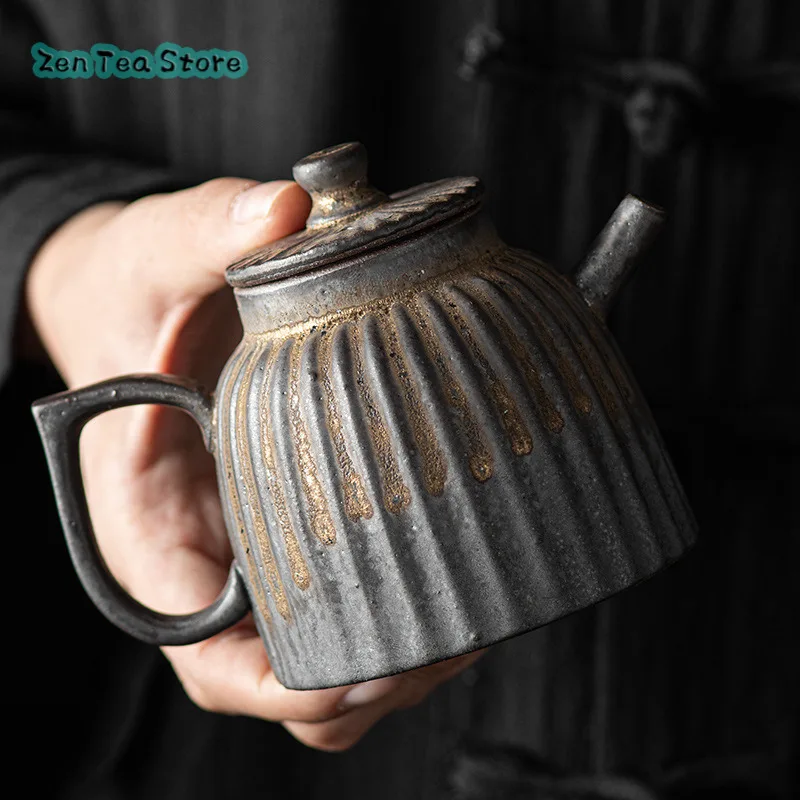 Retro Vertical Pattern Teapot Single Pot Ceramic Chinese Tea Home With Filter Tea Infuser Teahouse Kung Fu Tea Set