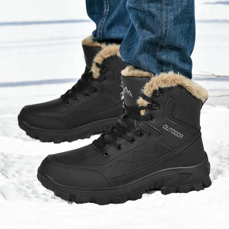 Outdoor Men's Fleece Lined Waterproof Cotton Snow Boots Winter Cotton Mountain Climbing Shoes Round Toe Mid Heel Boots