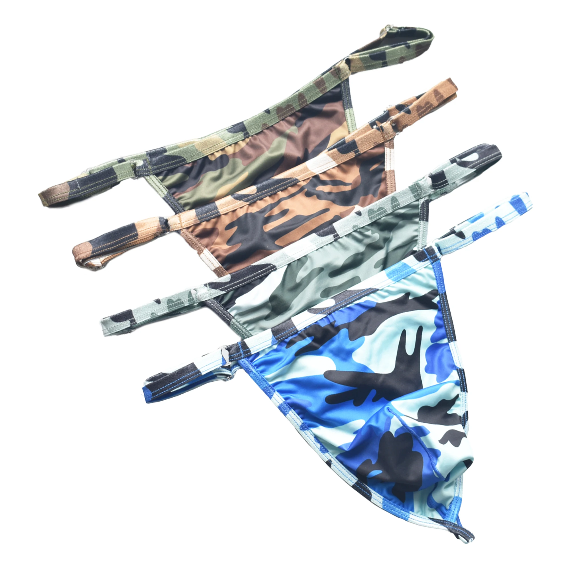 

4 Pack Men's Sexy G-strings Underwear Adjustable Camouflage Thongs Jockstrap Low Rise T-back Underpants Bikini Breathable Briefs