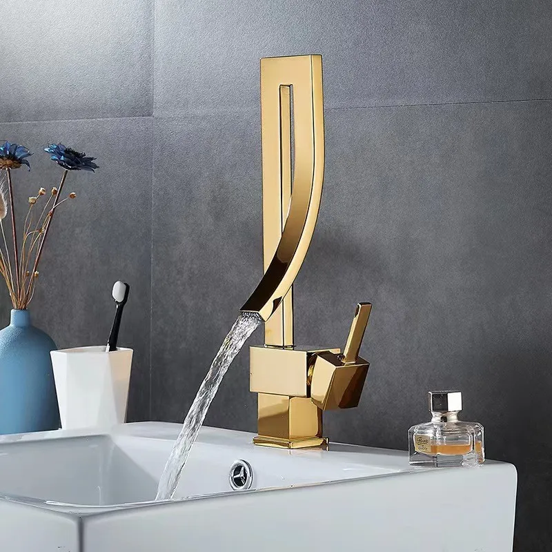 All-copper Basin Faucet, Modern Style, Black Antique Baking Finish, Square Rotating Waterfall Mixer for Cold and Hot Water