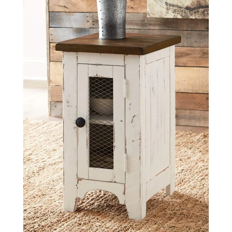 Wystfield Farmhouse Chair Side End Table with Cabinet Door for Storage, Distressed Finish