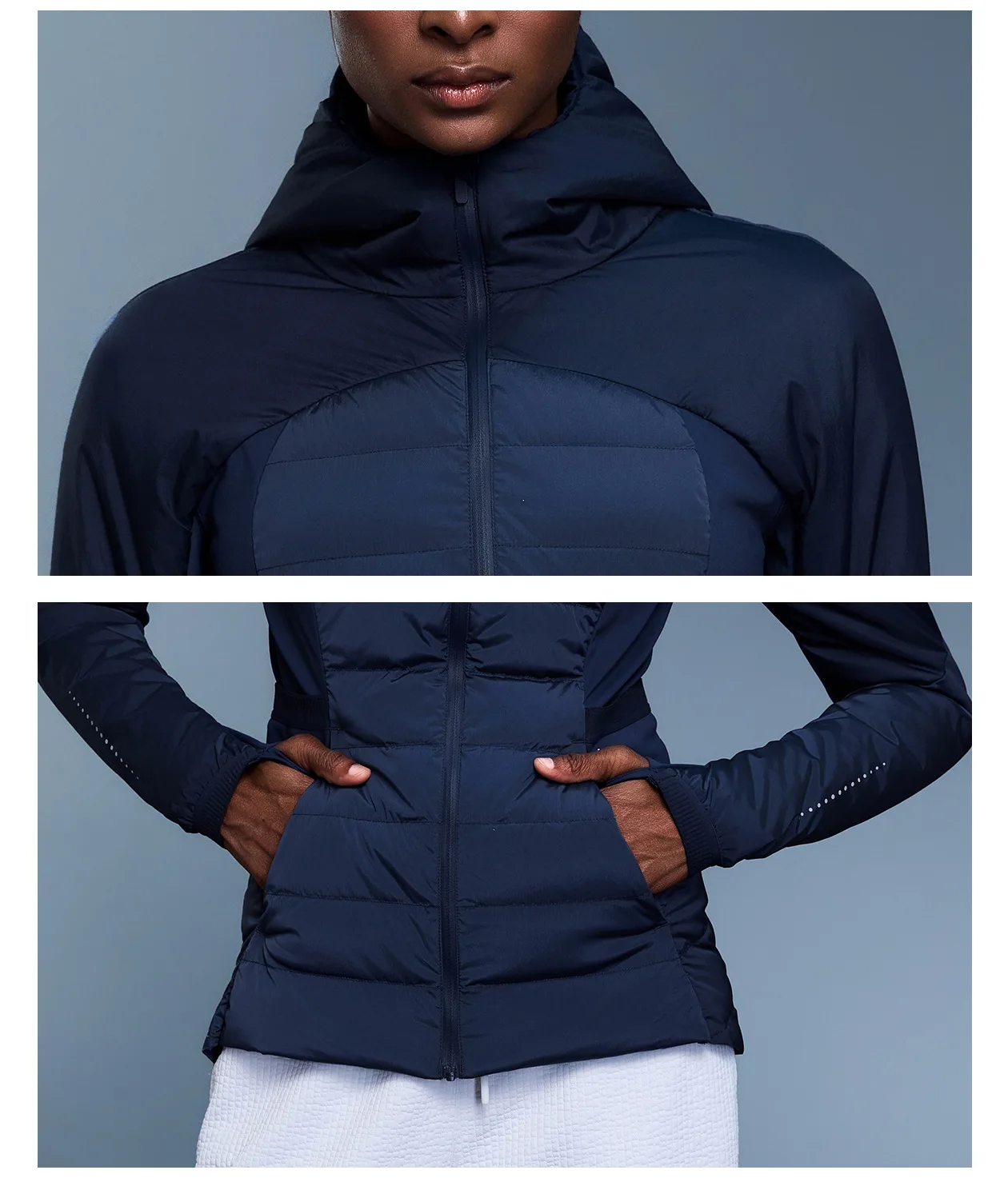 سترة نسائية كاجوال بغطاء للرأس خفيفة الوزن ومضادة للرياح ودافئة بيضاء اللون للأسفل سترة رياضية مريحة للجري واللياقة البدنية في الهواء الطلق