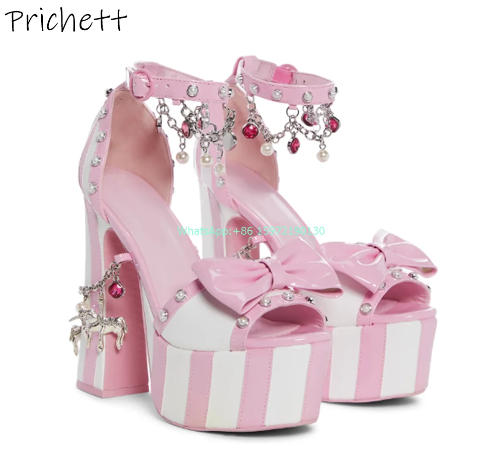 

Pink White Chain Fringe Bows Sandals Platform Mixed Color Crystal Pearl Peep Toe Chunky Heels Shoes Sweet Lovely Dress Shoes