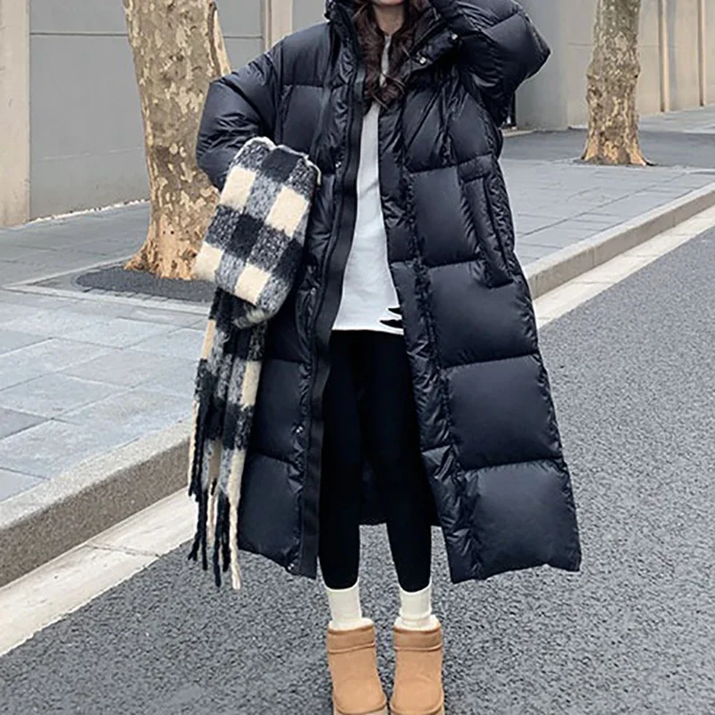 

HELIAR Women Mock Neck PU Down Coat Zipper Thicken Long Coat Oversize Loose Hooded Down Coat Women Casual Parkas Autumn Winter