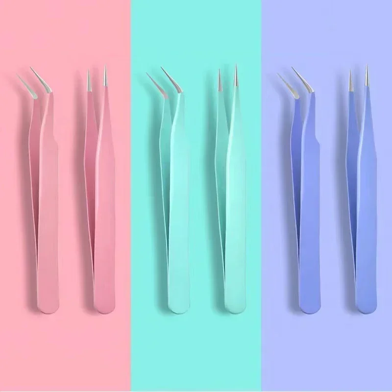 Strumento per la raccolta del trucco con strass Ciglia in acciaio inossidabile colorato Pinzette dritte + curve per adesivo per nail art Strumento per pinzette fai da te