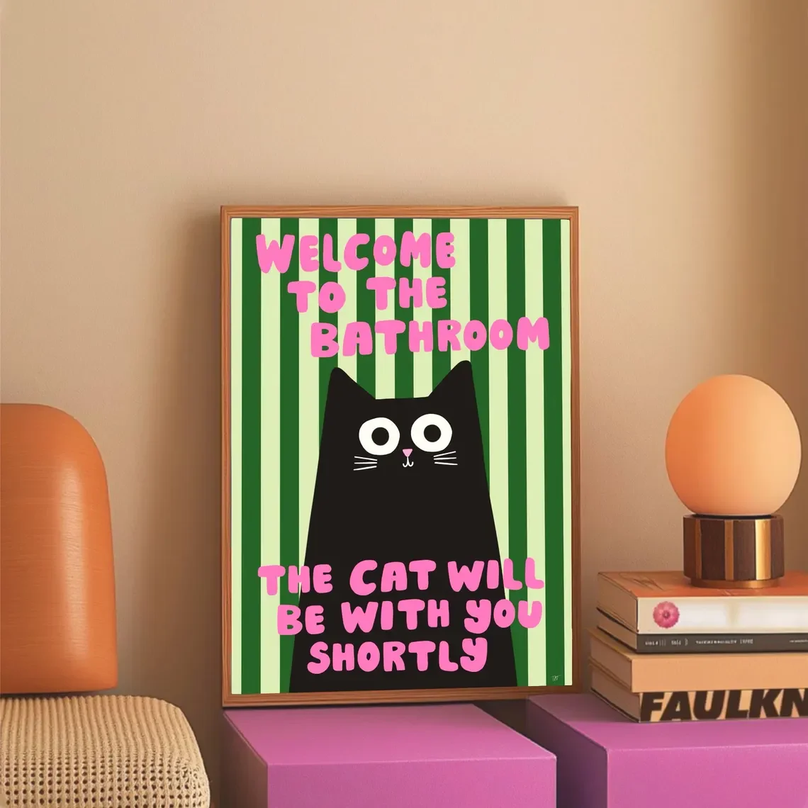 "Playful Black Cat Bathroom Wall Art – ‘Welcome to the Bathroom’ Striped Poster with Vibrant Pink & Green Colors, Perfect Whimsi image 3