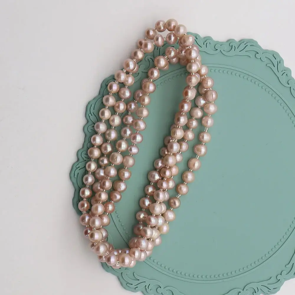 Pinkish Purple Natural Baroque Pearl Necklace 118cm Length Irregular Round Freshwater Pearl Long Beaded Jewelry DIY Elegant Gift