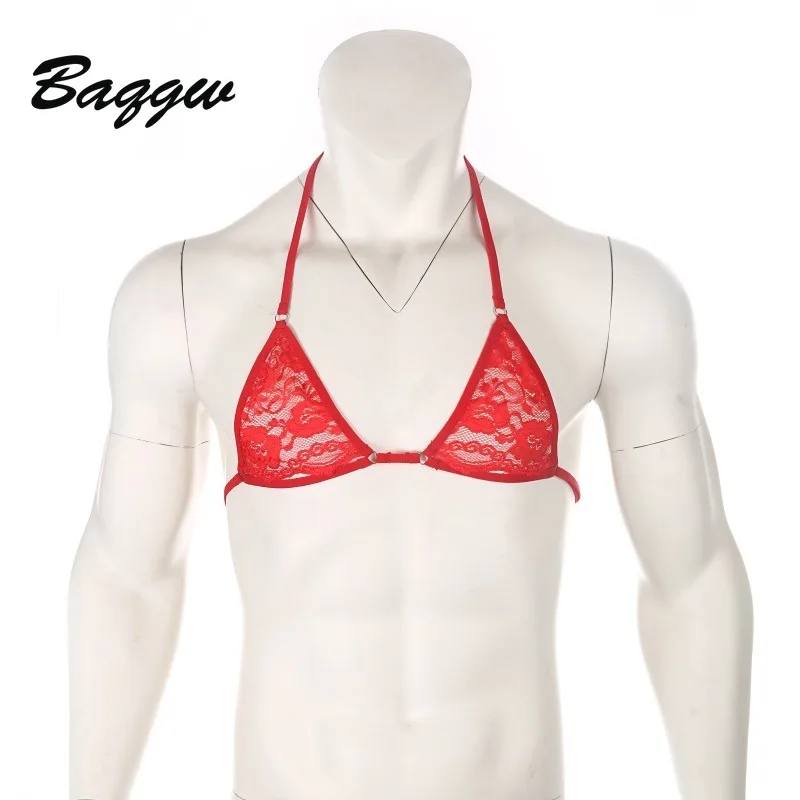 Erotic Hornier Gay Cross-dresser Mens Open Nipple Bra Solid Color Sheer See Through Lace Hollow Out Seduction Nightclub Male Top