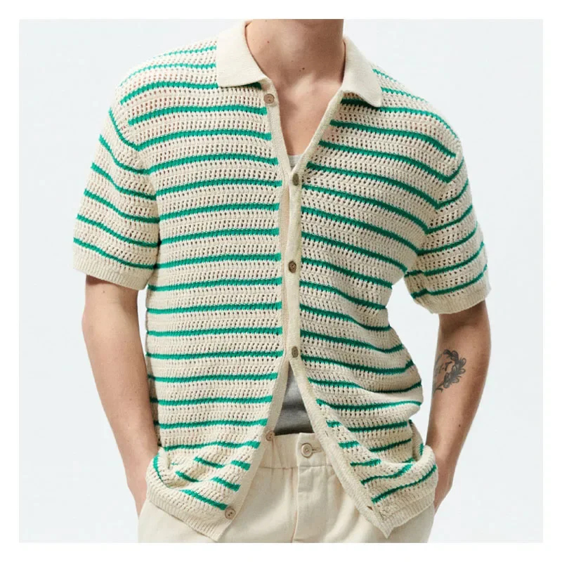 Men's Sexy See-through Knit Shirt Breathable Hollow Striped Shirt Summer New Men's Thin Coat Men's Clothing Hawaiian Shirt Tops