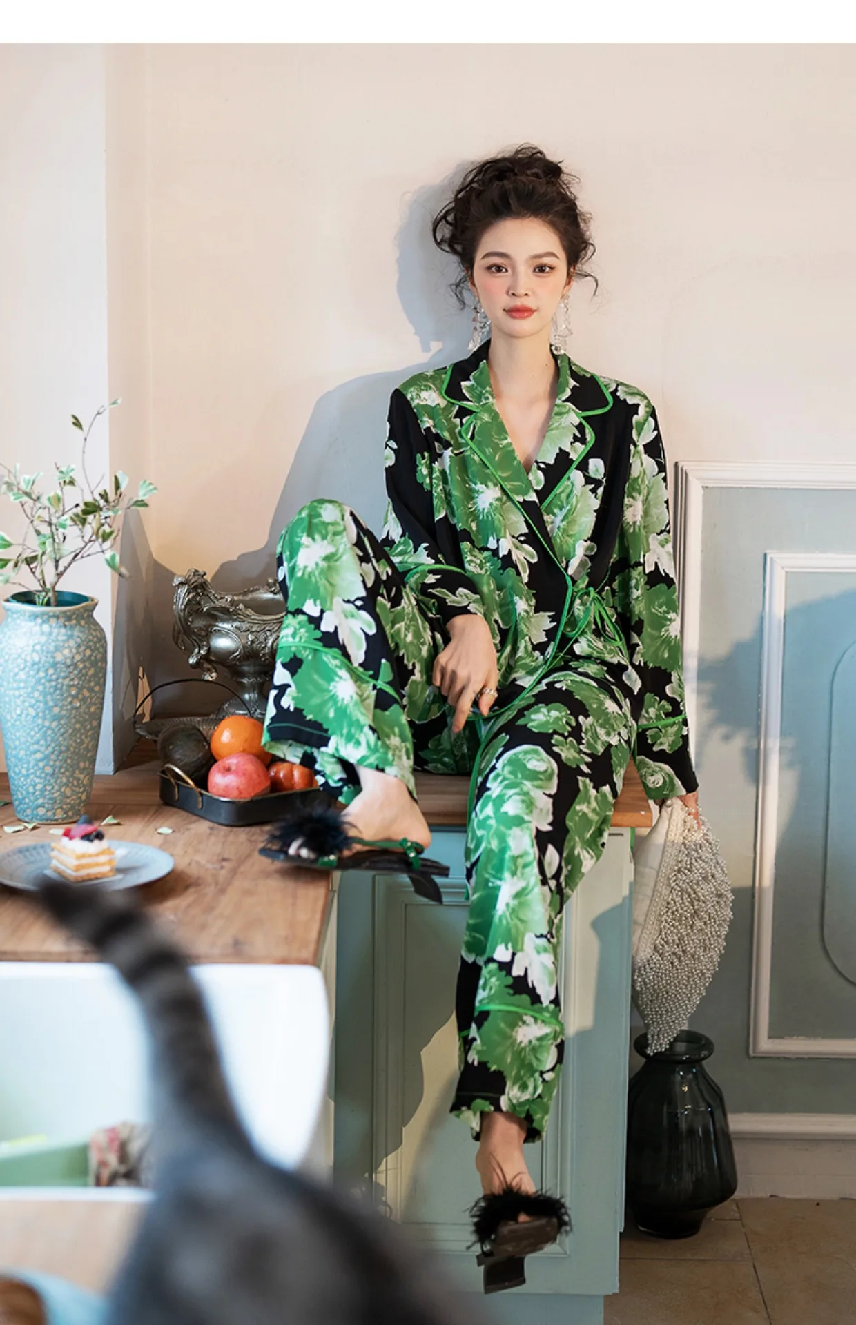 

Green Pajamas Women Set Spring Autumn Front Lapel Strap Contrast Color Two-piece Set Silk Home Clothes Pijama Pants Sleepwear