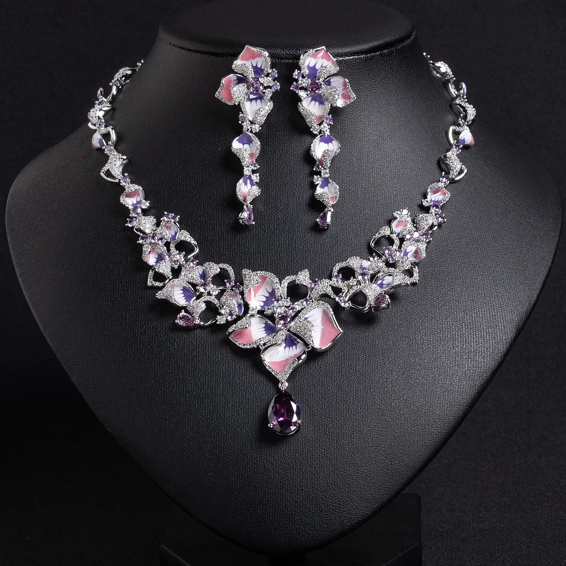 

2025 new flower zircon necklace earrings set handmade oil-encrusted diamonds high-end jewelry women