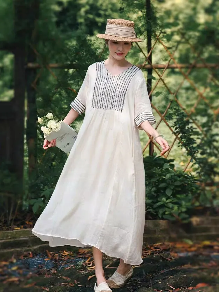 Ele V-ne Geborduurd Linnen Dr Dames Losse Lange Rok Zomer Woon-werk Sle Medium Softn ort Sve Plant Bloemen