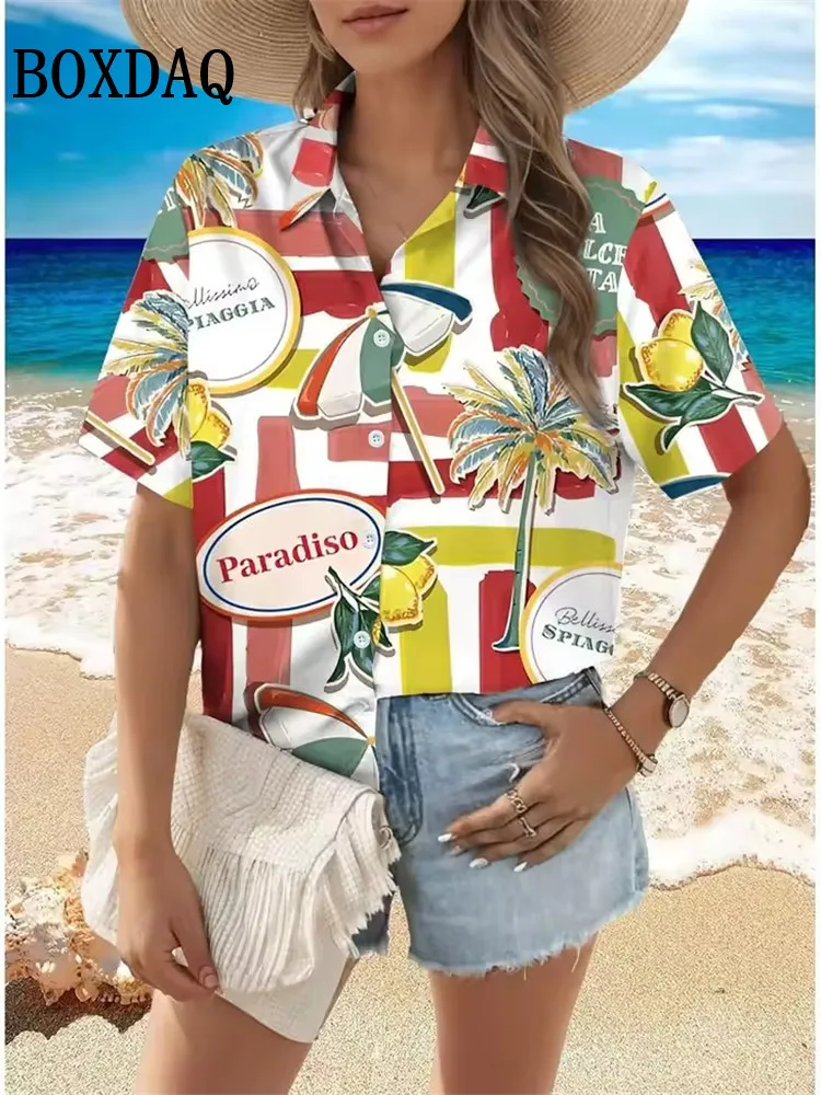 

New Women's Fashion Shirt Summer Beach Holidays Short Sleeve Blouses Casual 3D Print Hawaiian Fruit Pattern Ladies Casual Tops