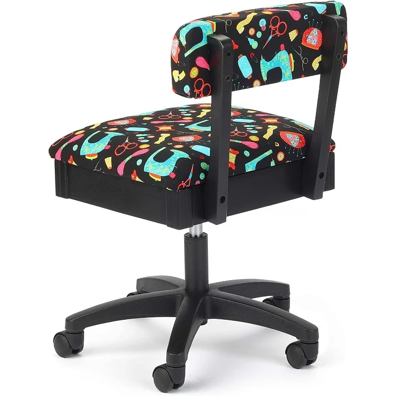 Adjustable Height Hydraulic Sewing and Craft Chair with Under Seat Storage and Printed Fabric, Sewing Notions Print